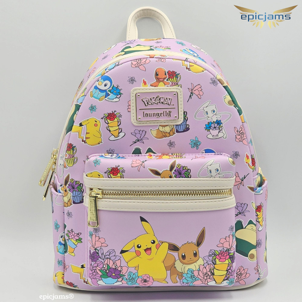 Loungefly Pokemon Pikachu And Eevee Pink Floral Teacups AOP Mini Backpack Bag